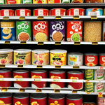 A close-up shot of various processed foods (e.g., snacks, instant noodles, canned goods) arranged in a chaotic manner, some with prominent recall labels and warning signs, emphasizing the hidden dangers and potential risks within everyday food items, in a realistic and slightly unsettling style.