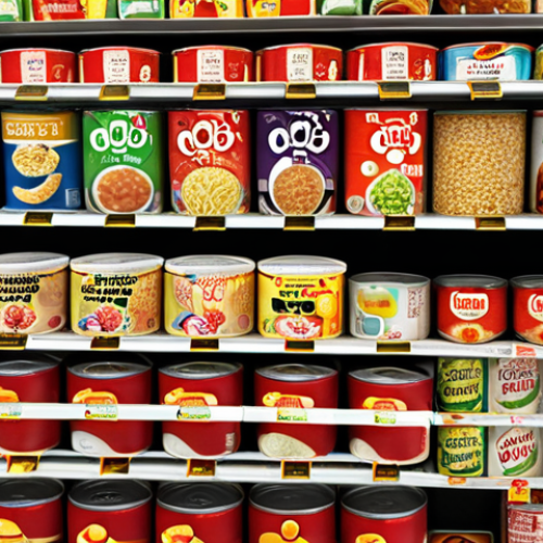A close-up shot of various processed foods (e.g., snacks, instant noodles, canned goods) arranged in a chaotic manner, some with prominent recall labels and warning signs, emphasizing the hidden dangers and potential risks within everyday food items, in a realistic and slightly unsettling style.