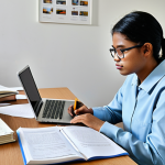 HACCP Study Session**

A student wearing glasses, sitting at a desk with a textbook open to a page about HACCP, surrounded by handwritten notes and a laptop displaying the Ministry of Health, Labour and Welfare website. The scene is a well-lit, tidy study room. The atmosphere is focused and diligent. "Safe for work," "appropriate content," "fully clothed," "professional," "perfect anatomy," "natural proportions."

**