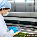 HACCP 실기 시험 준비 방법 - A modern Japanese food processing facility worker wearing a clean white apron, hairnet, and gloves, ...