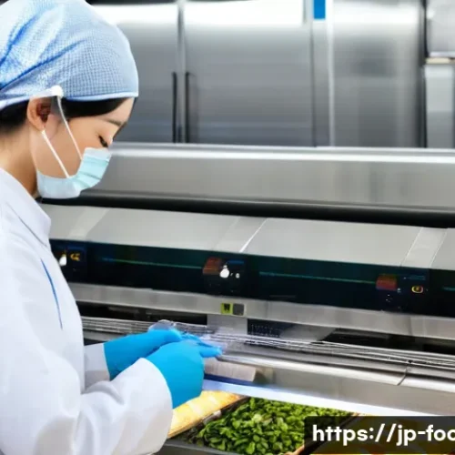 HACCP 실기 시험 준비 방법 - A modern Japanese food processing facility worker wearing a clean white apron, hairnet, and gloves, ...