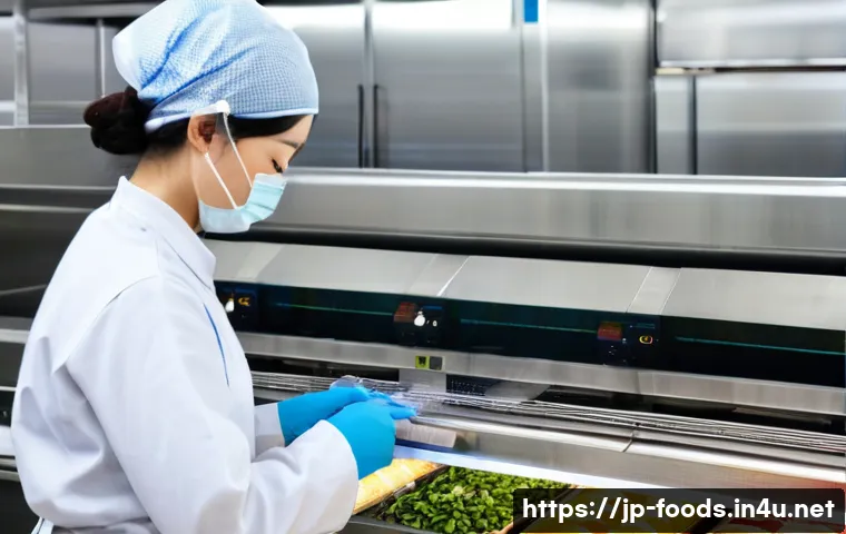 HACCP 실기 시험 준비 방법 - A modern Japanese food processing facility worker wearing a clean white apron, hairnet, and gloves, ...