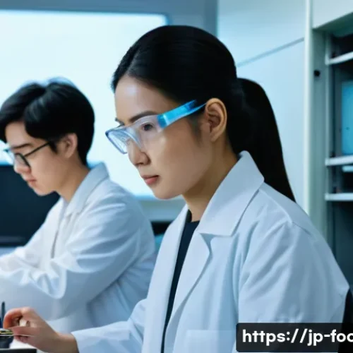 식품연구소 취업 성공 비법 - A modern food research laboratory scene showing a diverse team of Japanese scientists in their mid-2...