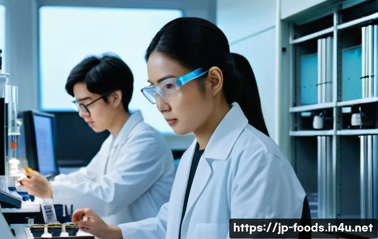 식품연구소 취업 성공 비법 - A modern food research laboratory scene showing a diverse team of Japanese scientists in their mid-2...
