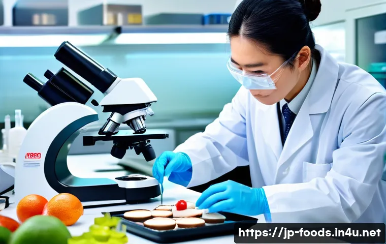 식품위생검사원과 공무원 차이 - A professional Japanese food hygiene inspector in a modern laboratory setting, wearing a white lab c...