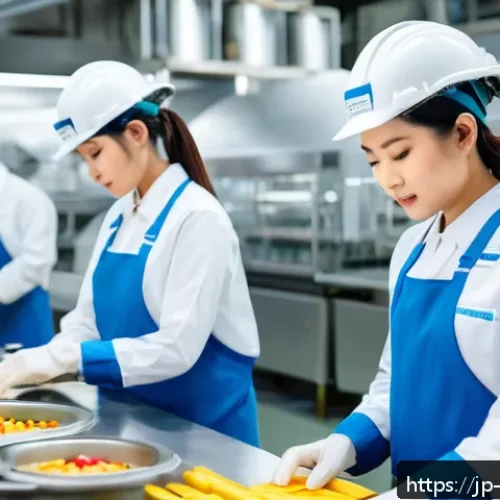 식품 분야 경력개발 로드맵 - A modern Japanese food factory interior with diverse workers wearing clean uniforms and safety helme...