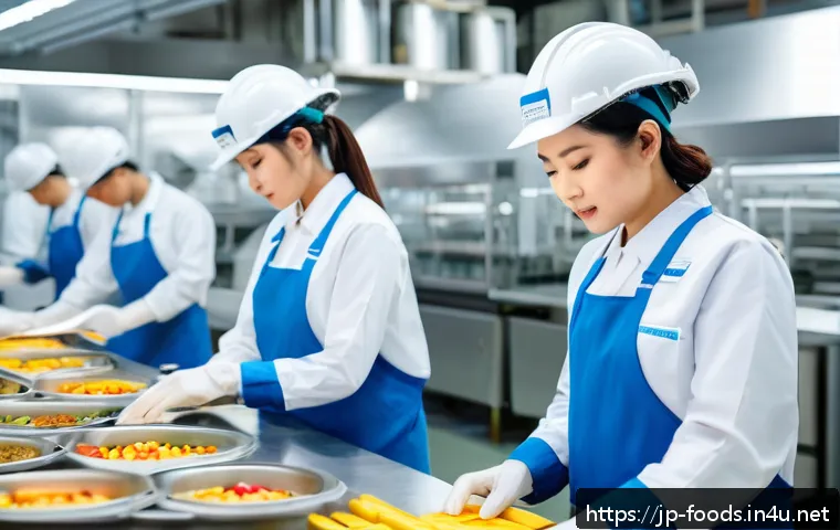 식품 분야 경력개발 로드맵 - A modern Japanese food factory interior with diverse workers wearing clean uniforms and safety helme...