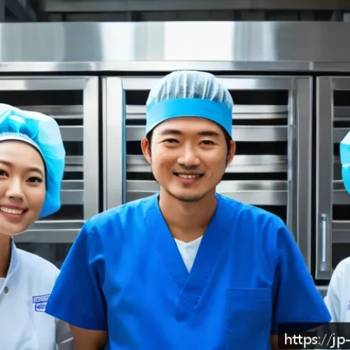 HACCP 인증 실무 사례 - A modern Japanese food processing factory interior with diverse staff members in clean uniforms and ...
