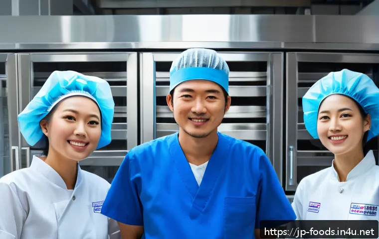 HACCP 인증 실무 사례 - A modern Japanese food processing factory interior with diverse staff members in clean uniforms and ...