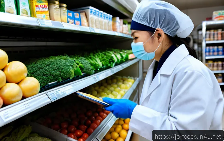 식품위생 관련 뉴스 및 해설 - Photorealistic food hygiene news concept, Japanese supermarket fresh-food inspector in clean white c...